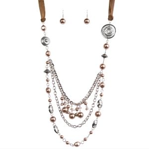 Brown Ribbon Jewelry Set Beaded Tiered Chain Victorian Necklace & Earrings